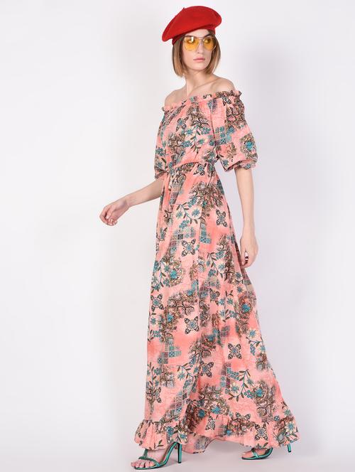 off shoulder gathered floral maxi dress - 16366776 - Very Small Image - 1