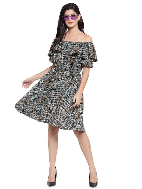off shoulder drawstring flare dress - 16368056 - Very Small Image - 1