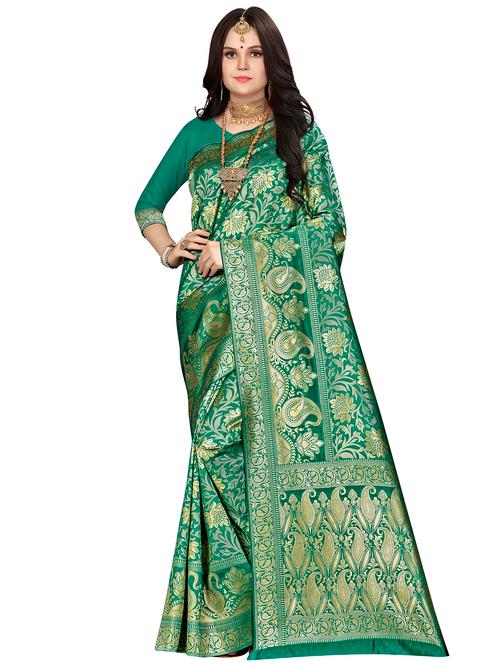 green art silk banarasi saree with blouse - 16369916 - Very Small Image - 1