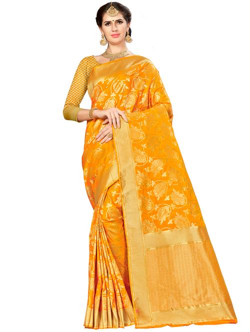 orange art silk banarasi saree with blouse - 16369920 - Very Small Image - 1