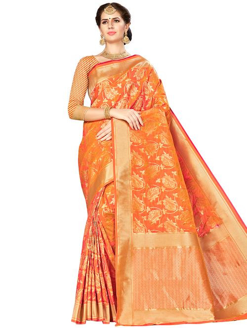 orange art silk banarasi saree with blouse - 16369922 - Very Small Image - 1