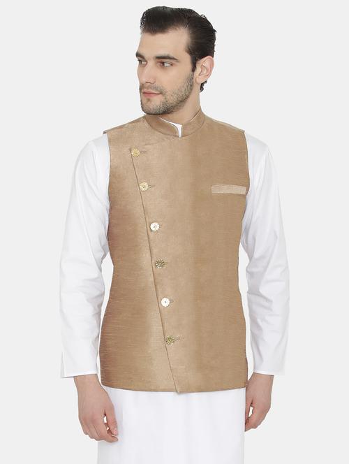 gold solid silk blend nehru jacket - 16369993 - Very Small Image - 1