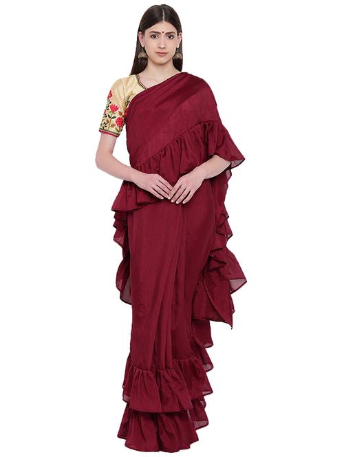 solid ruffle border saree with blouse - 16370036 - Very Small Image - 1