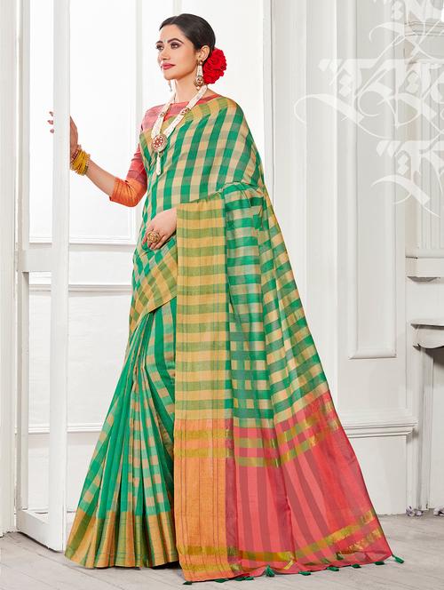 checkered woven saree with blouse - 16373900 - Very Small Image - 1