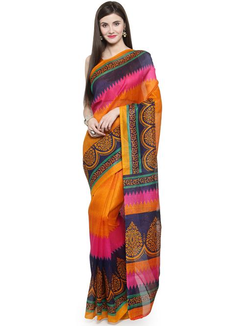 orange silk blend printed saree with blouse - 16374900 - Very Small Image - 1