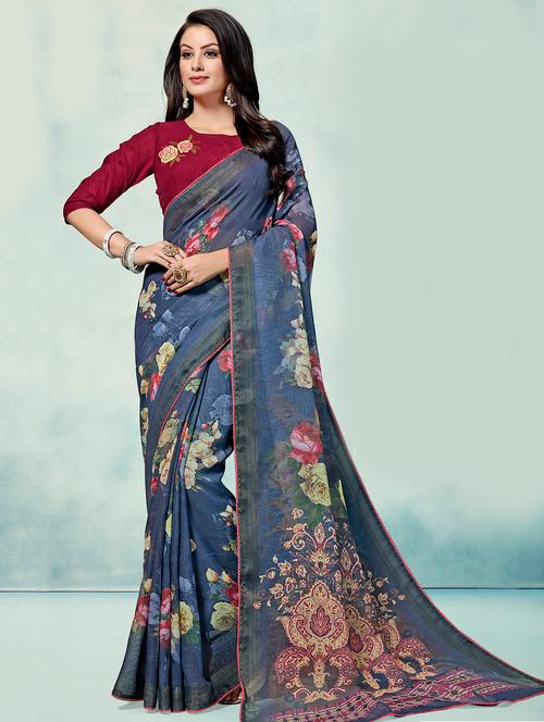 floral printed saree with blouse - 16374909 - Very Small Image - 1