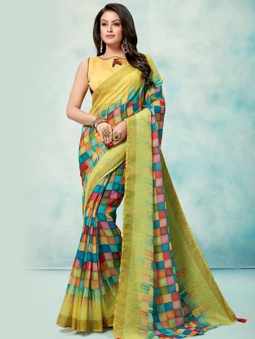 checkered printed saree with blouse - 16374917 - Very Small Image - 1