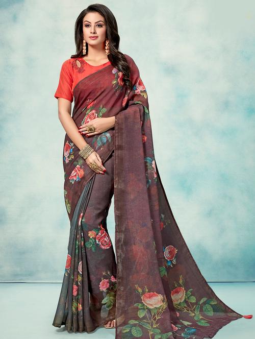 floral printed saree with blouse - 16374926 - Very Small Image - 1