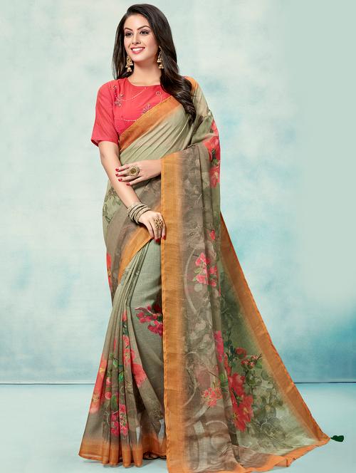 floral printed saree with blouse - 16374928 - Very Small Image - 1