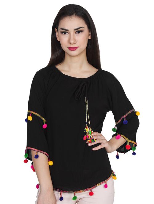 tie up neck pom pom laced top - 16375489 - Very Small Image - 1