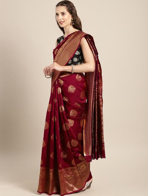 floral zari motif woven saree with blouse - 16378816 - Very Small Image - 1