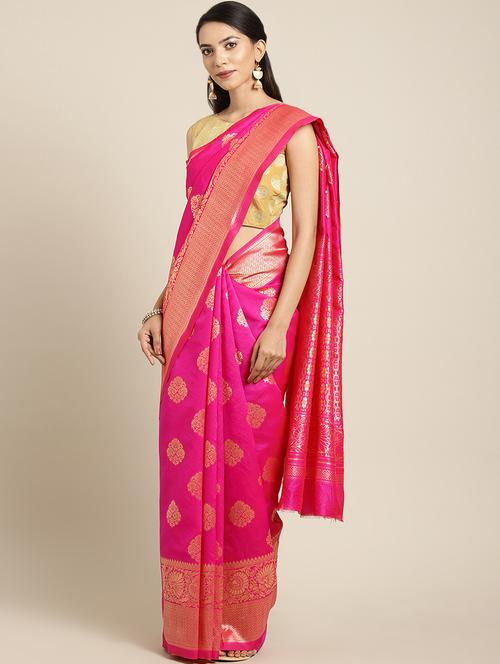 floral zari motif woven saree with blouse - 16378822 - Very Small Image - 1
