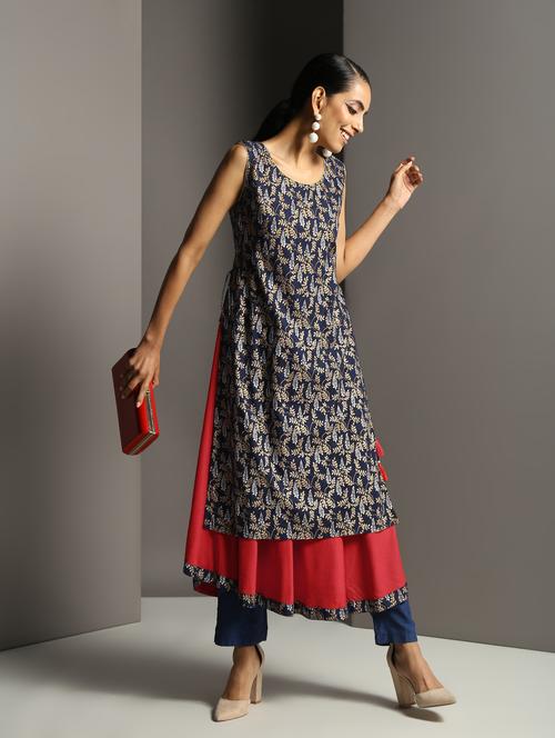 gold printed layered kurta - 16378841 - Very Small Image - 1