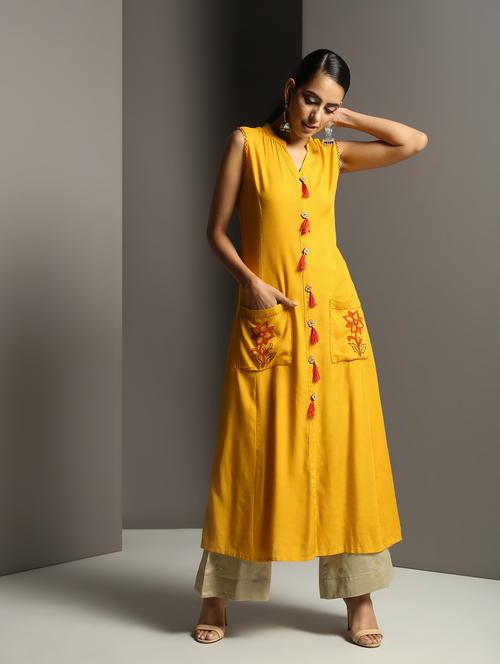 block print a-line kurta with tassels - 16378847 - Very Small Image - 1