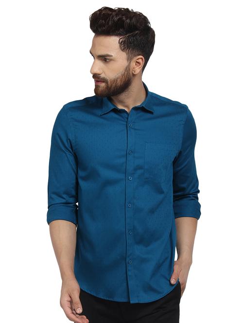 teal blue self design casual shirt - 16379164 - Very Small Image - 1