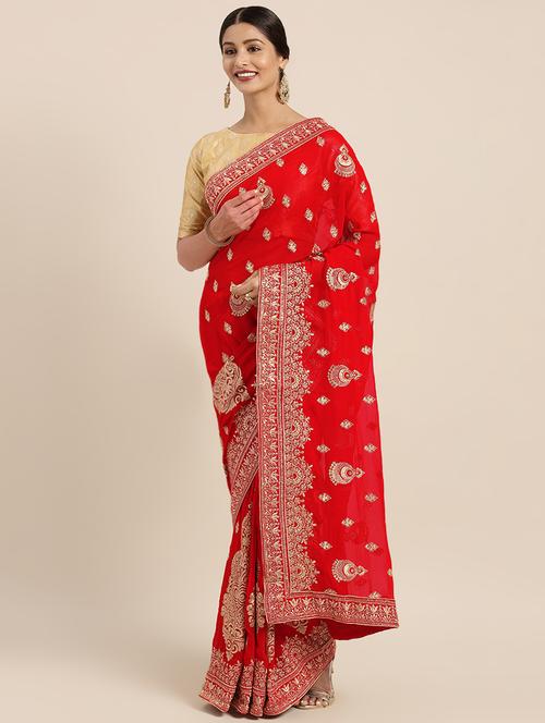 embroidered bordered saree with blouse - 16379308 - Very Small Image - 1
