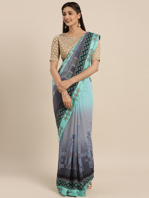sky blue georgette printed saree with blouse - 16379319 - Very Small Image - 1