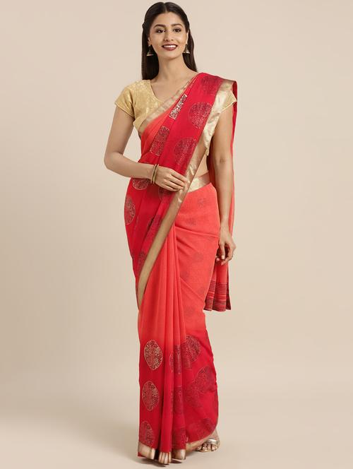 orange georgette printed saree with blouse - 16379323 - Very Small Image - 1