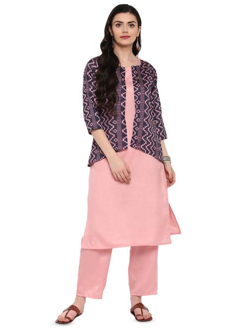 solid straight kurta with printed jacket - 16379497 - Very Small Image - 1