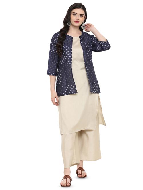 solid straight kurta with printed jacket - 16379499 - Very Small Image - 1
