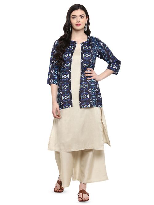 solid straight kurta with printed jacket - 16379501 - Very Small Image - 1