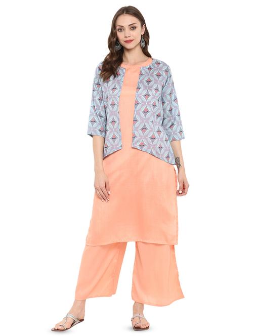 solid straight kurta with printed jacket - 16379503 - Very Small Image - 1