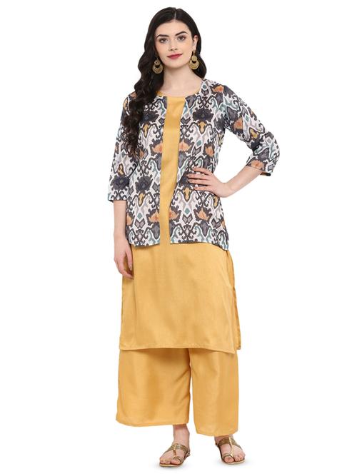solid straight kurta with printed jacket - 16379507 - Very Small Image - 1