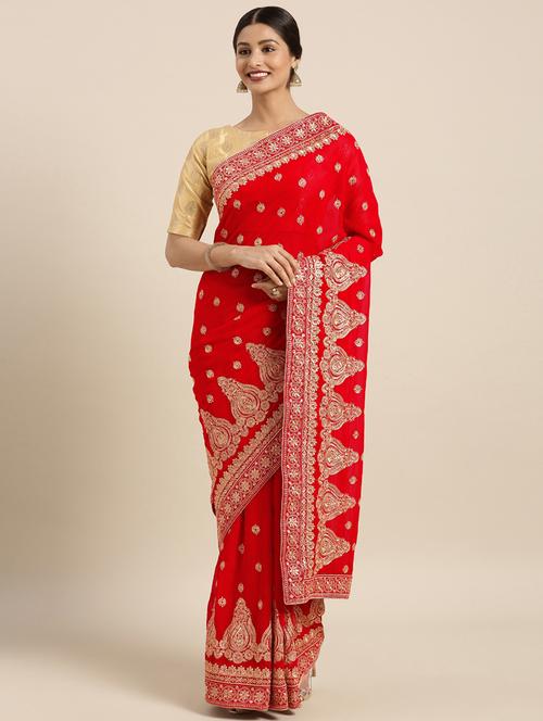 red georgette embroidered saree with blouse - 16389847 - Very Small Image - 1