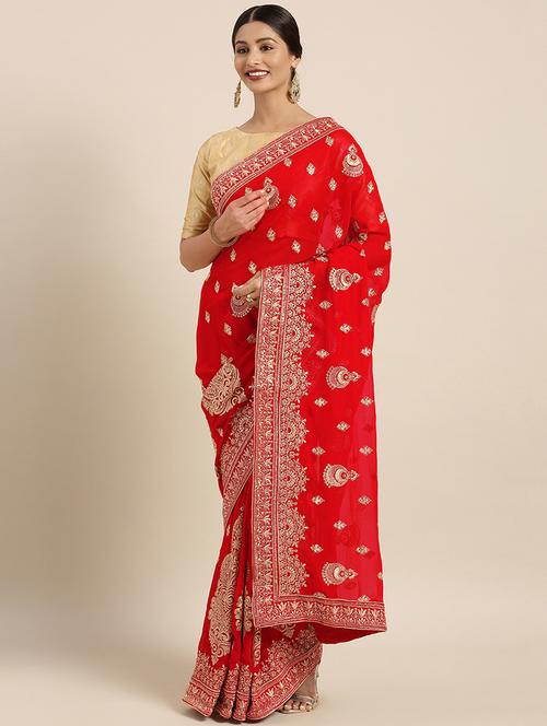 red georgette embroidered saree with blouse - 16389849 - Very Small Image - 1