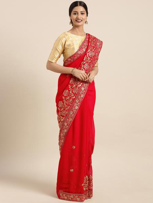 red georgette embroidered saree with blouse - 16389851 - Very Small Image - 1