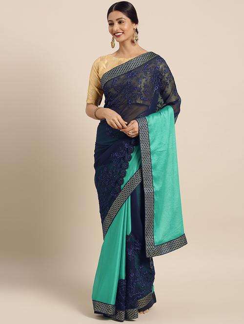 turquoise chiffon embroidered saree with blouse - 16389873 - Very Small Image - 1