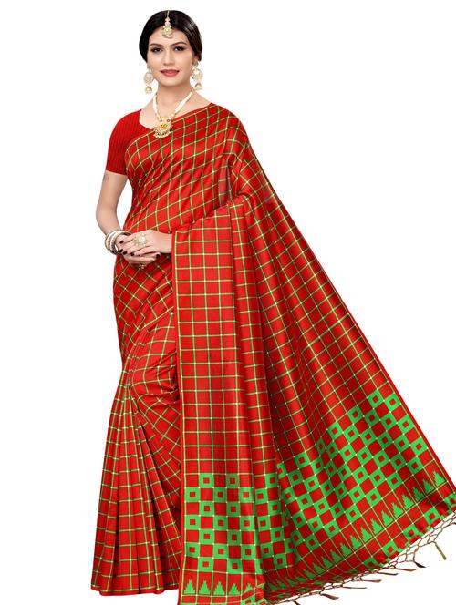 checkered printed mysore silk saree with blouse - 16390050 - Very Small Image - 1