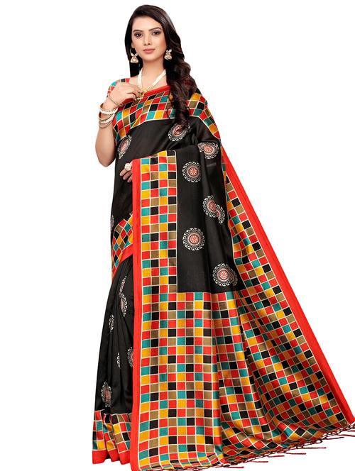 checkered printed mysore silk saree with blouse - 16390067 - Very Small Image - 1