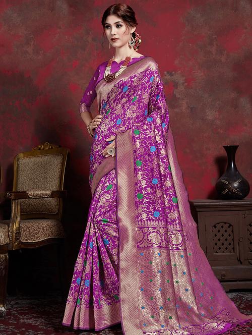 floral banarasi saree with blouse - 16394354 - Very Small Image - 1
