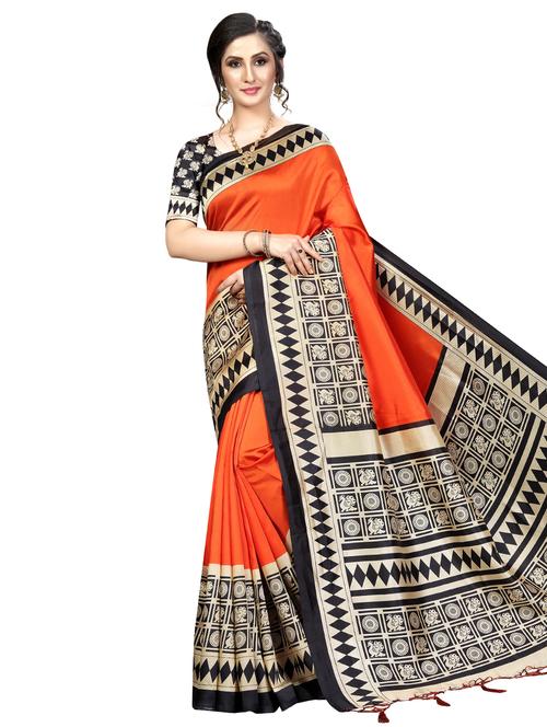 kalamkari border printed saree with blouse - 16394532 - Very Small Image - 1