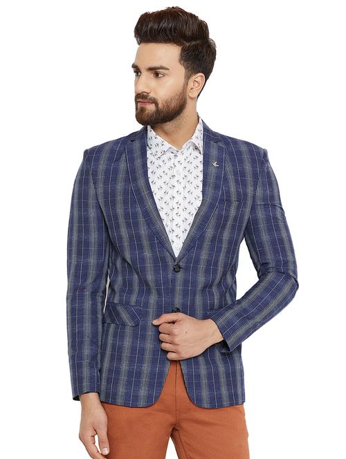 navy blue checkered single breasted casual blazer - 16396904 - Very Small Image - 1