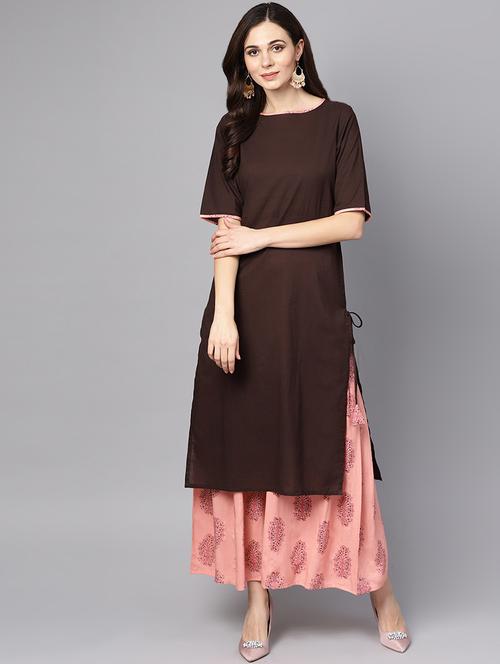 solid kurta with printed palazzo set - 16399587 - Very Small Image - 1
