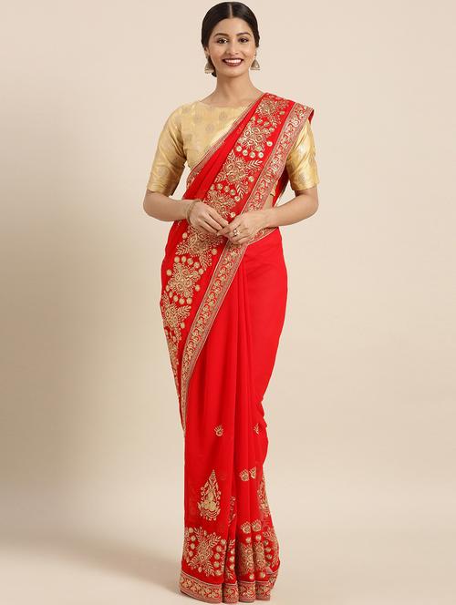 gold embroidered saree with blouse - 16400038 - Very Small Image - 1