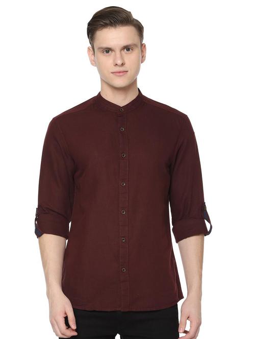 maroon solid linen casual shirt - 16402554 - Very Small Image - 1