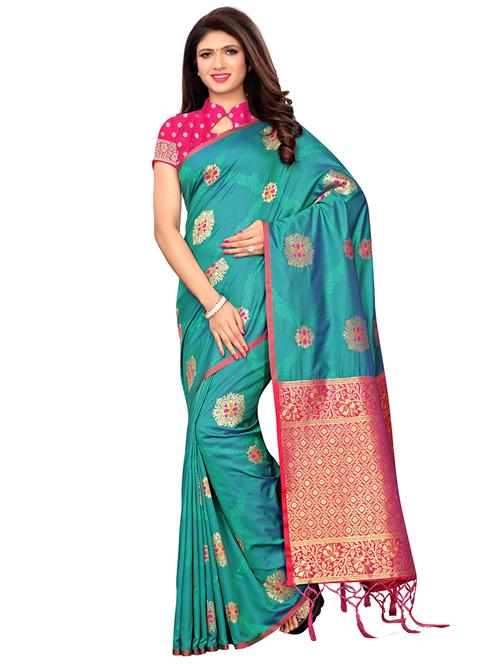 turquoise silk blend banarasi saree with blouse - 16403481 - Very Small Image - 1