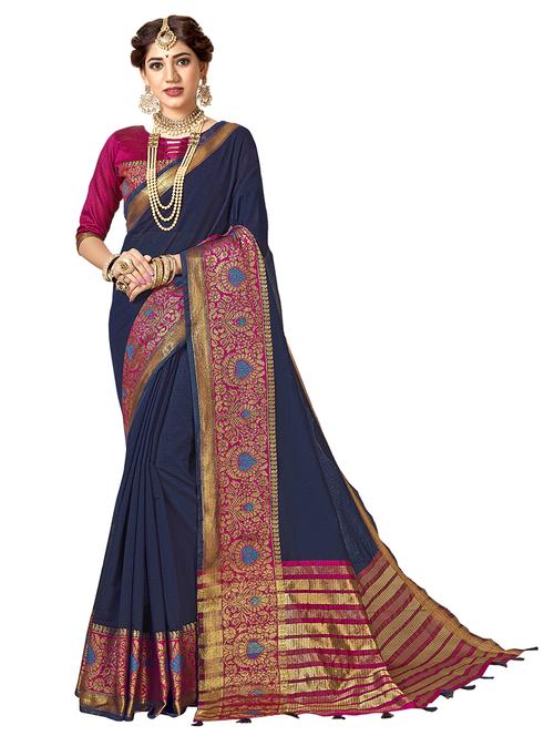 contrast zari border woven saree with blouse - 16404571 - Very Small Image - 1