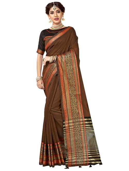 floral zari border woven saree with blouse - 16404573 - Very Small Image - 1