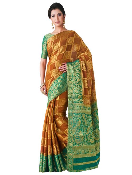 women's printed brown colored saree with blouse - 16406369 - Very Small Image - 1