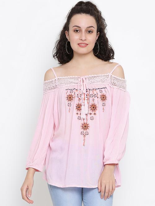 cold shoulder lace detail embroidered top - 16406972 - Very Small Image - 1