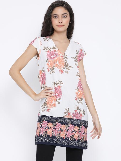v-neck cap sleeved floral tunic - 16407017 - Very Small Image - 1