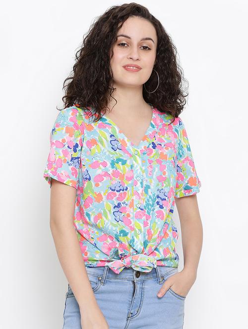 turn up sleeved knotted hem floral shirt - 16407037 - Very Small Image - 1