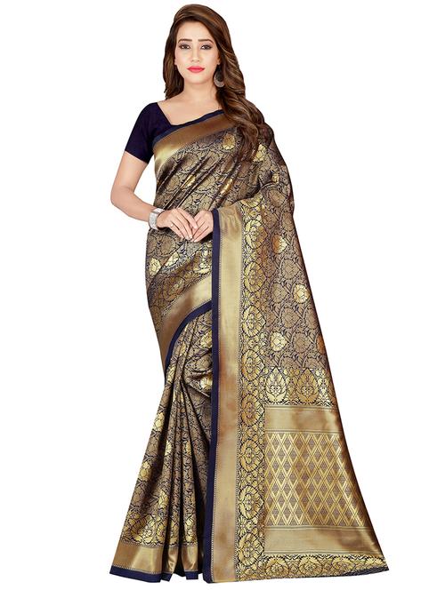 floral zari motif banarasi saree with blouse - 16407379 - Very Small Image - 1