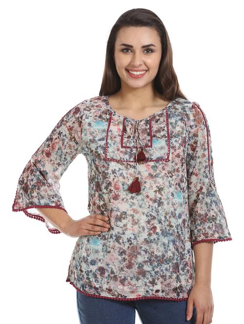 tassel tie up lace detail floral top - 16417515 - Very Small Image - 1