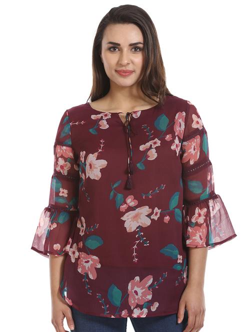 tassel tie up bell sleeved floral top - 16417517 - Very Small Image - 1