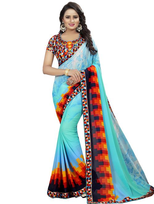 geometrical border printed saree with blouse - 16417762 - Very Small Image - 1